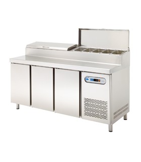 MESA FRÍA ENSALADAS Y PIZZA GN 1/1 CON VITRINA INNGREDIENTES TAPA INOX  3 PUERTAS