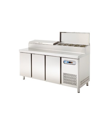 MESA FRÍA ENSALADAS Y PIZZA GN 1/1 CON VITRINA INNGREDIENTES TAPA INOX  3 PUERTAS