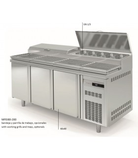 MESA FRÍA ENSALADAS Y PIZZAS 2000 3 PUERTAS CON VITRINA INGREDIENTES